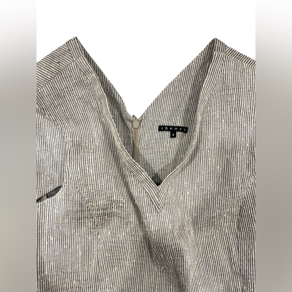 Theory Textured Linen Silk V Neck Fit and Flare Mini Dress Stripe Cream sz 6 - Picture 8 of 9